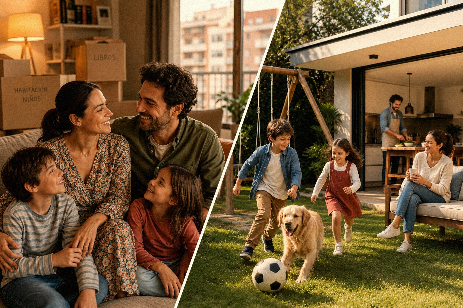 A la izquierda, una familia en un piso pequeño de ciudad; a la derecha, la misma familia disfrutando de una casa con jardín, los niños jugando con el perro y el balón
