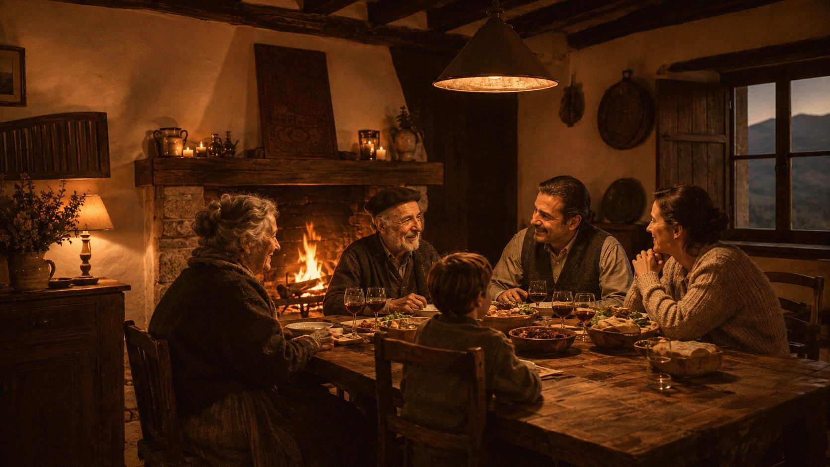 Familia reunida a la mesa junto al fuego