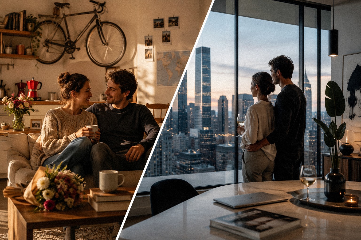 A la izquierda, un piso pequeño de ciudad; a la derecha, una pareja mirando su nueva ciudad al atardecer