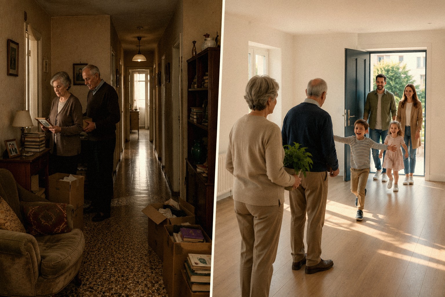A la izquierda, matrimonio mayor empaquetando recuerdos en su antigua casa; a la derecha, entrando en su nueva vivienda mientras sus nietos corren a recibirles
