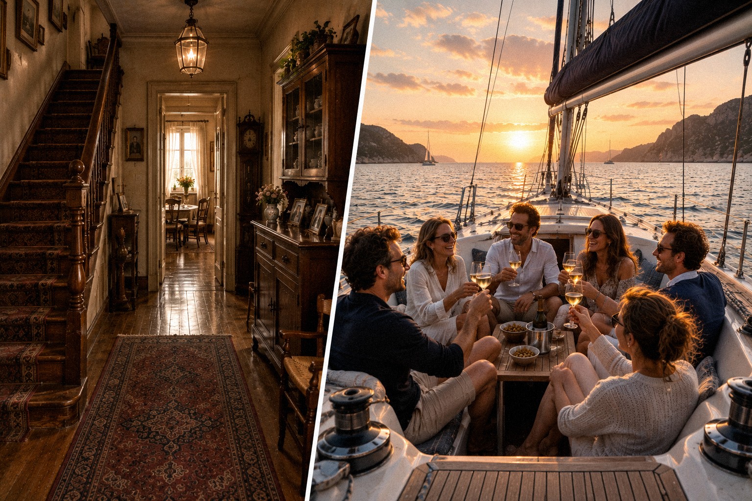 A la izquierda, el interior de una casa antigua heredada y sin uso; a la derecha, un grupo de amigos brindando al atardecer en un velero