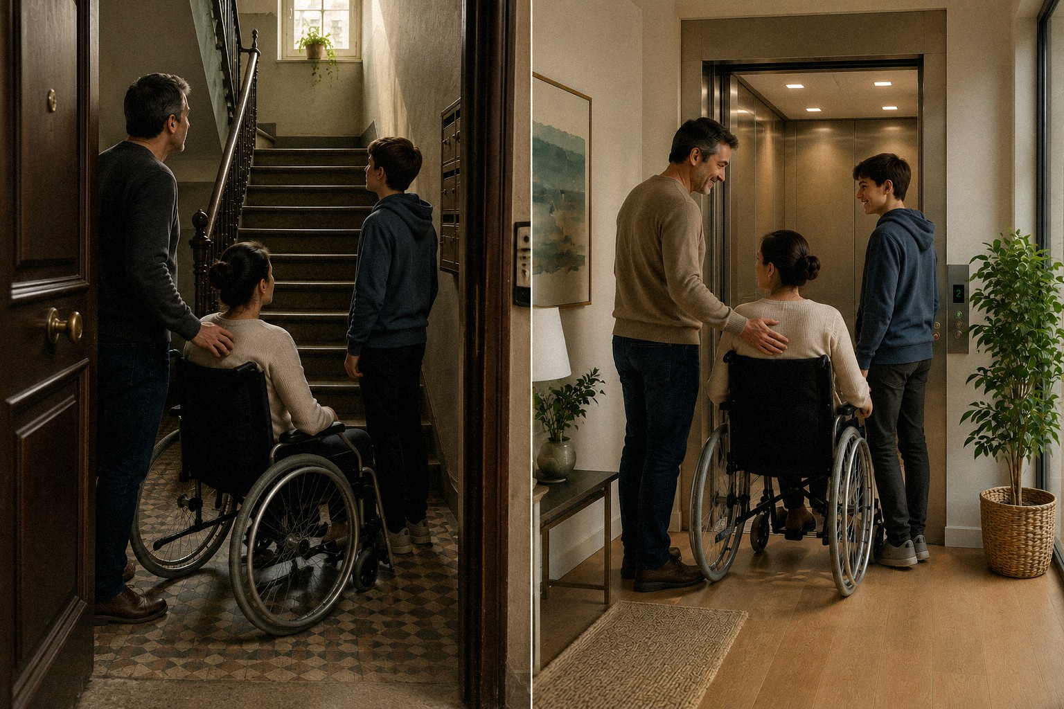 A la izquierda, una mujer en silla de ruedas frente a unas escaleras sin acceso; a la derecha, la misma familia entrando con normalidad en su nueva vivienda con ascensor