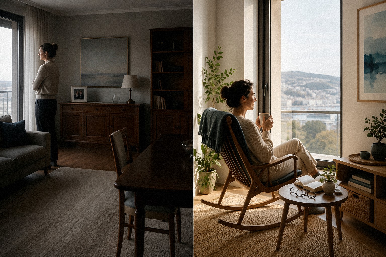 A la izquierda, una mujer sola mirando por la ventana en una estancia oscura; a la derecha, la misma mujer relajada con un café, disfrutando de su nuevo espacio luminoso